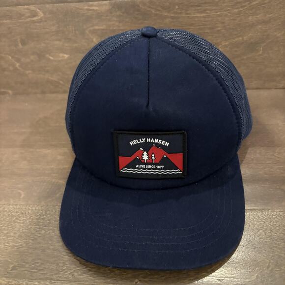 Helly Hansen Hat Cap Snap Back Navy Blue Mesh Trucker Patch Outdoor Mens - Picture 1 of 10